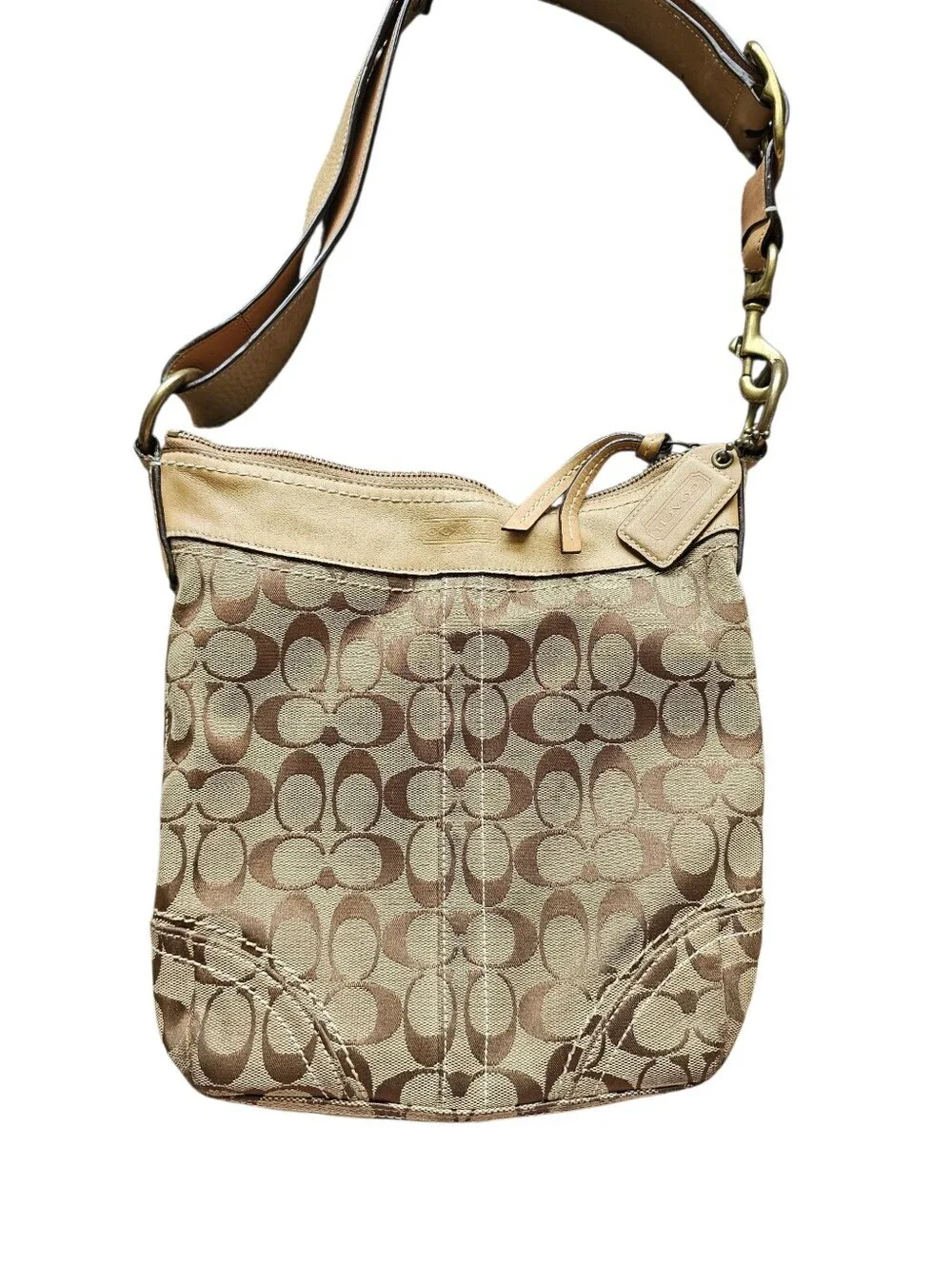 Y2k Coach Signature 10402 Crossbody Purse Shoulder Bag with Leather Trim Brown